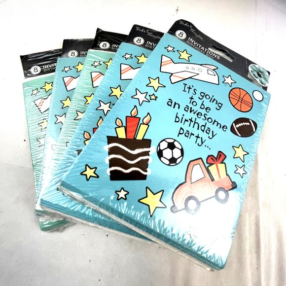 5 packs of 8 Birthday invitations with envelopes Boy plane balls truck NWT - Picture 1 of 6